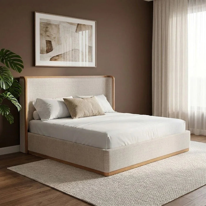 Nordomi 200X200 Upholstered Super King Bed w/Solid Wood Frame | Modern Design Wooden Double Bed Frame Furniture | Comfortable Bed (Mattress Not Included) - Beige/Natural