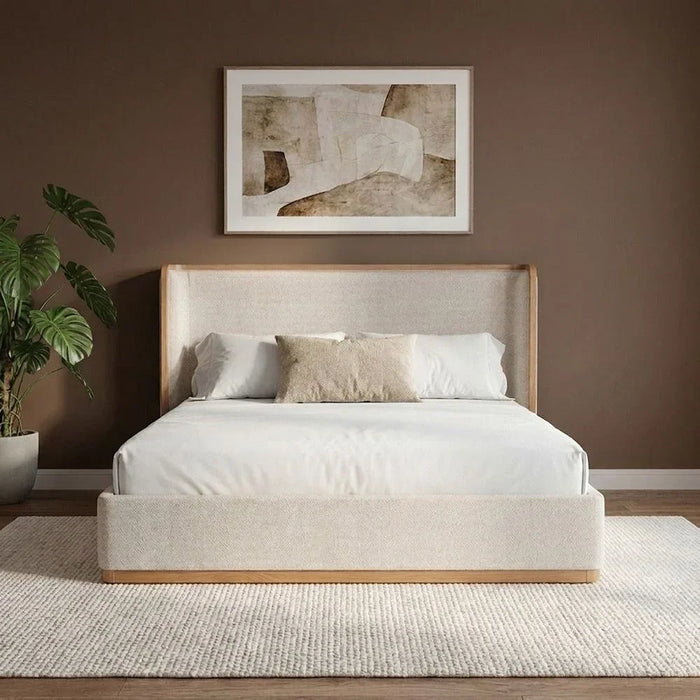 Nordomi 200X200 Upholstered Super King Bed w/Solid Wood Frame | Modern Design Wooden Double Bed Frame Furniture | Comfortable Bed (Mattress Not Included) - Beige/Natural
