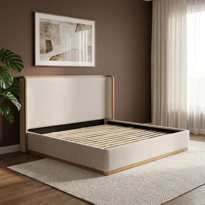 Nordomi 200X200 Upholstered Super King Bed w/Solid Wood Frame | Modern Design Wooden Double Bed Frame Furniture | Comfortable Bed (Mattress Not Included) - Beige/Natural