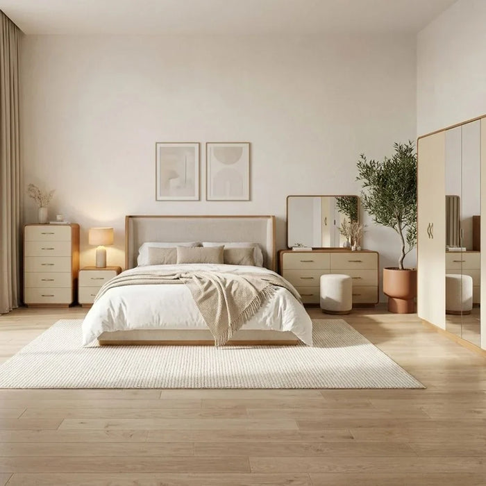 Nordomi 200X200 Upholstered Super King Bed w/Solid Wood Frame | Modern Design Wooden Double Bed Frame Furniture | Comfortable Bed (Mattress Not Included) - Beige/Natural