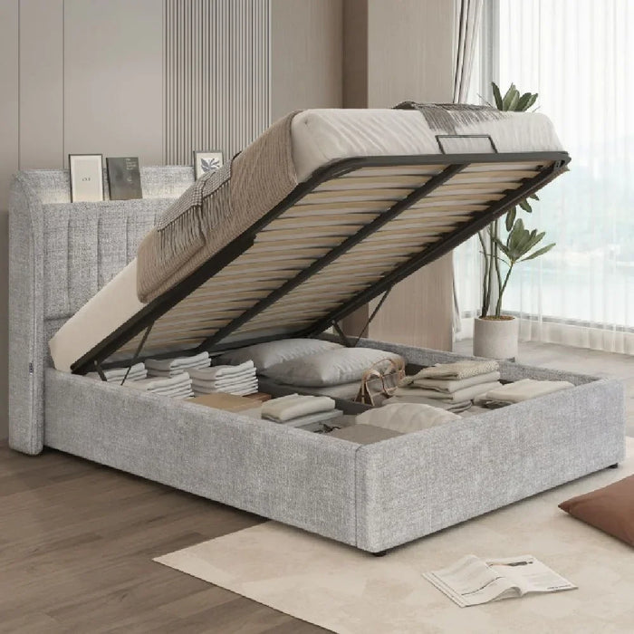 Santelmo 150X200 Queen Bed With Led Light & Hydraulic Underbed Storage - L.Grey