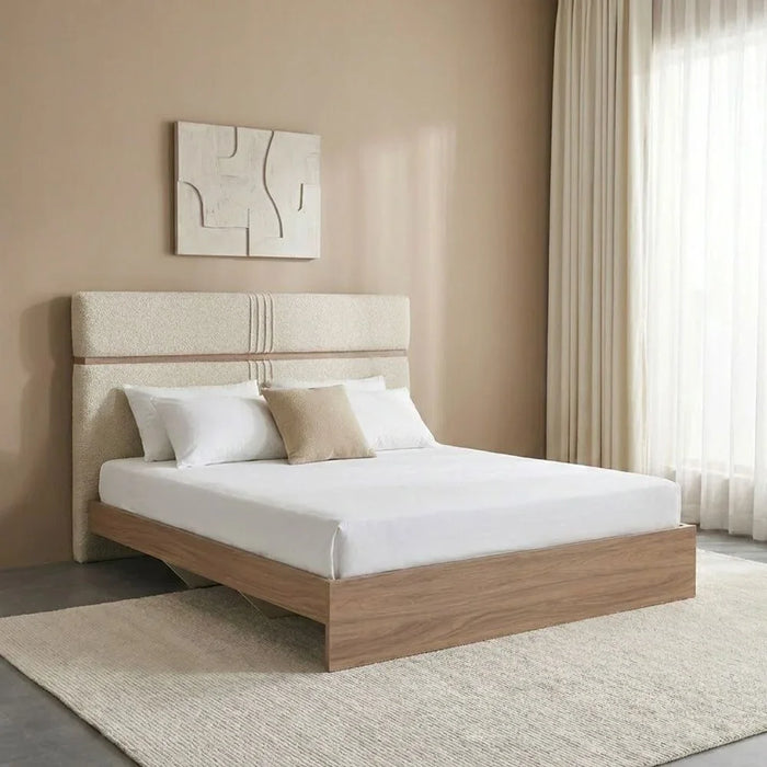 Vallary 150x200 Queen Bed WithUpholstered Headboard | Modern Design Double Bed Frame (Mattress Not Included) L214.5xW163xH125cm - Grey Walnut/Dark Beige