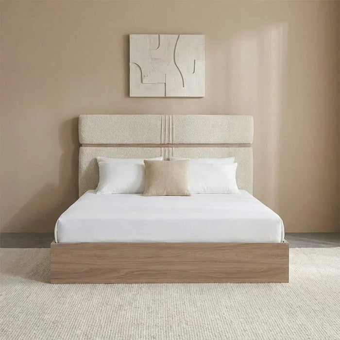 Vallary 150x200 Queen Bed WithUpholstered Headboard | Modern Design Double Bed Frame (Mattress Not Included) L214.5xW163xH125cm - Grey Walnut/Dark Beige