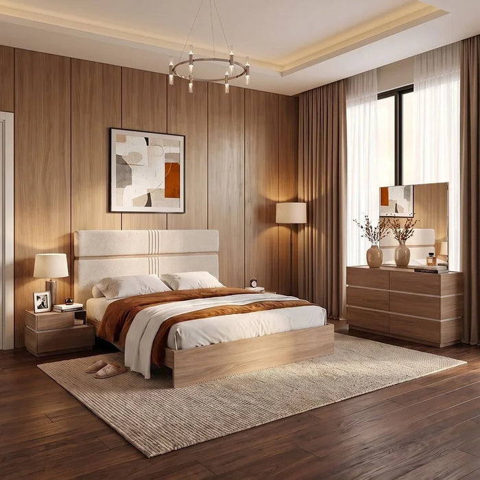 Vallary 150x200 Queen Bed WithUpholstered Headboard | Modern Design Double Bed Frame (Mattress Not Included) L214.5xW163xH125cm - Grey Walnut/Dark Beige