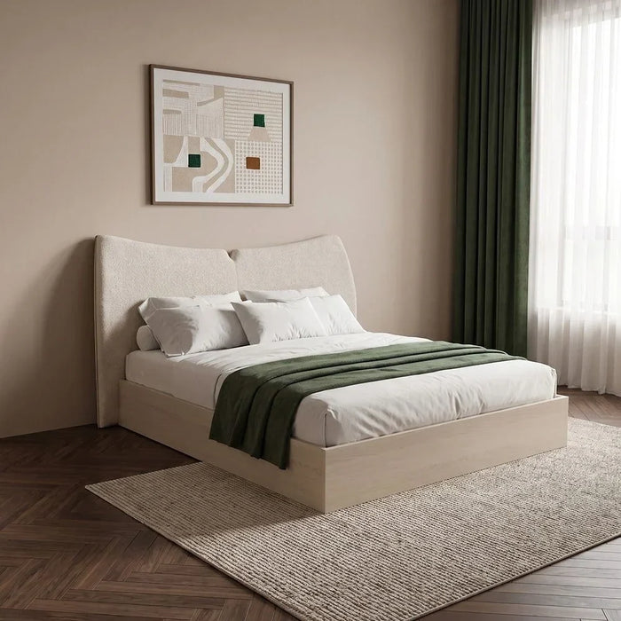 Mirova 150x200 Queen Bed WithUpholstered Headboard | Modern Design Double Bed Frame (Mattress Not Included) L223.5xW183xH120cm - Cream/White Wash Oak