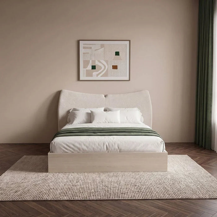Mirova 150x200 Queen Bed WithUpholstered Headboard | Modern Design Double Bed Frame (Mattress Not Included) L223.5xW183xH120cm - Cream/White Wash Oak