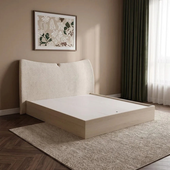 Mirova 150x200 Queen Bed WithUpholstered Headboard | Modern Design Double Bed Frame (Mattress Not Included) L223.5xW183xH120cm - Cream/White Wash Oak