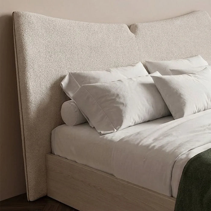 Mirova 150x200 Queen Bed WithUpholstered Headboard | Modern Design Double Bed Frame (Mattress Not Included) L223.5xW183xH120cm - Cream/White Wash Oak