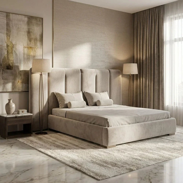 Braxton 160X200 Upholstered Queen Bed With Hydraulic Storage & Foldable Headboard | Modern Design Double Bed Frame (Mattress Not Included) L260xW221xH140cm - L.Brown/Brushed Bronze Metal