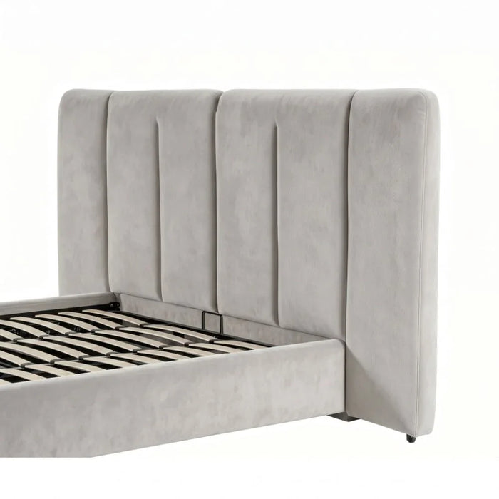 Braxton 160X200 Upholstered Queen Bed With Hydraulic Storage & Foldable Headboard | Modern Design Double Bed Frame (Mattress Not Included) L260xW221xH140cm - L.Brown/Brushed Bronze Metal