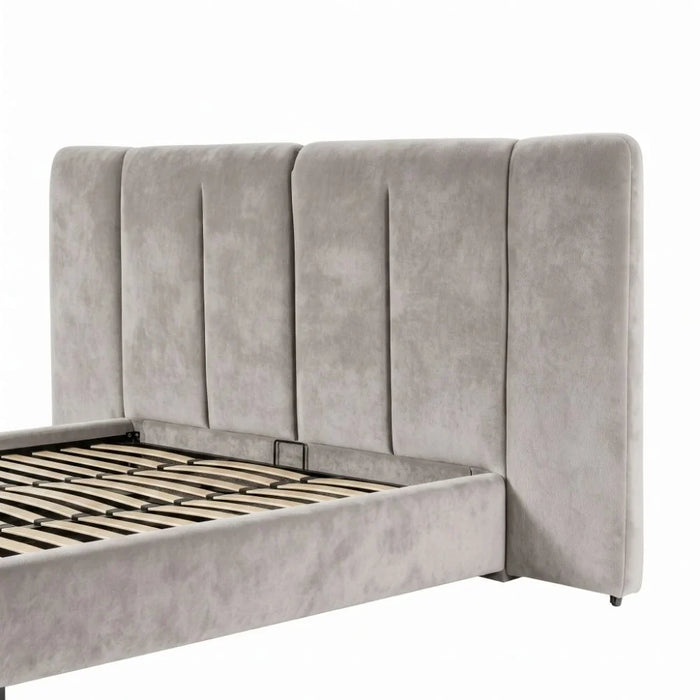 Braxton 160X200 Upholstered Queen Bed With Hydraulic Storage & Foldable Headboard | Modern Design Double Bed Frame (Mattress Not Included) L260xW221xH140cm - L.Grey/Charcoal Black Metal