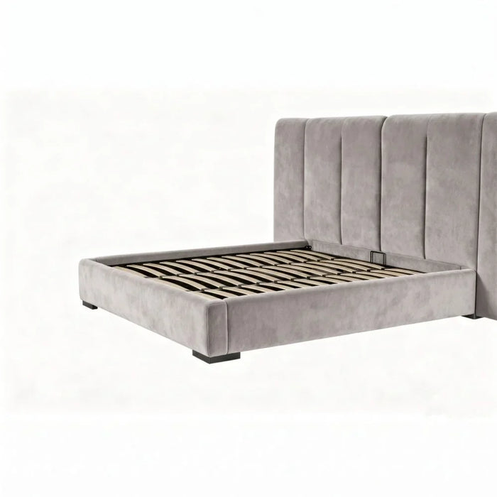 Braxton 160X200 Upholstered Queen Bed With Hydraulic Storage & Foldable Headboard | Modern Design Double Bed Frame (Mattress Not Included) L260xW221xH140cm - L.Grey/Charcoal Black Metal