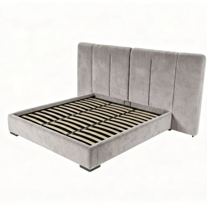 Braxton 160X200 Upholstered Queen Bed With Hydraulic Storage & Foldable Headboard | Modern Design Double Bed Frame (Mattress Not Included) L260xW221xH140cm - L.Grey/Charcoal Black Metal