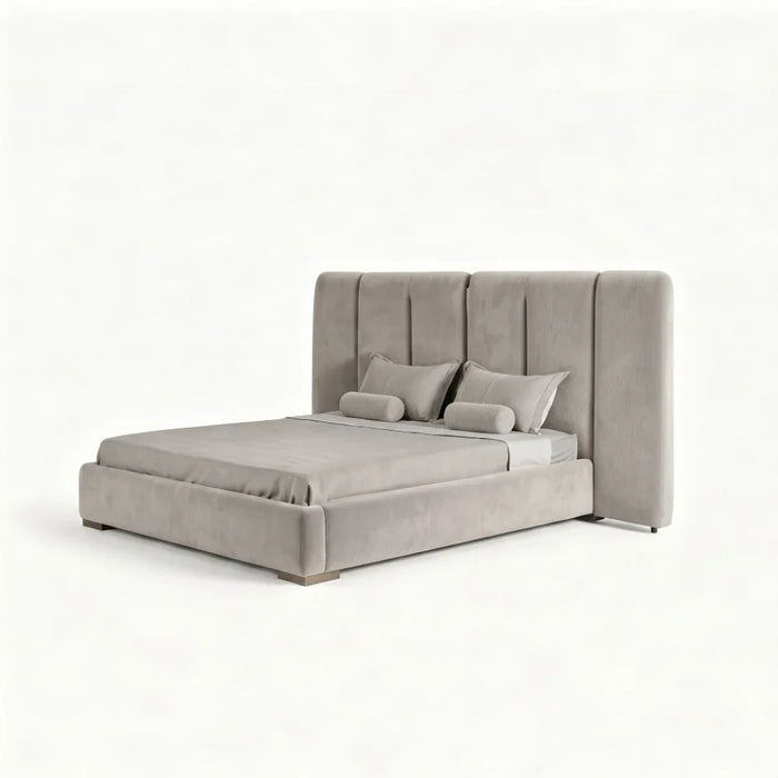 Braxton 180X200 Upholstered King Bed With Hydraulic Storage & Foldable Headboard | Modern Design Double Bed Frame (Mattress Not Included) L290xW221xH140cm - L.Brown/Brushed Bronze Metal