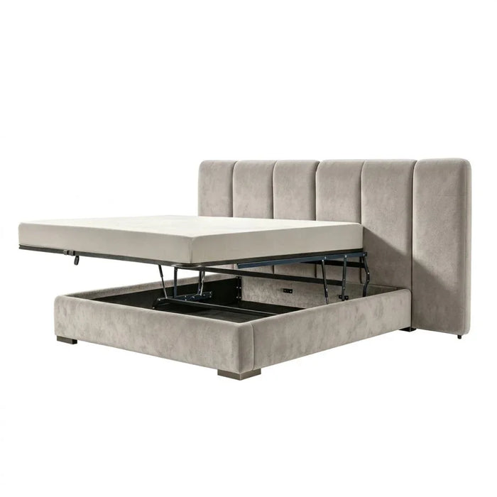 Braxton 180X200 Upholstered King Bed With Hydraulic Storage & Foldable Headboard | Modern Design Double Bed Frame (Mattress Not Included) L290xW221xH140cm - L.Brown/Brushed Bronze Metal