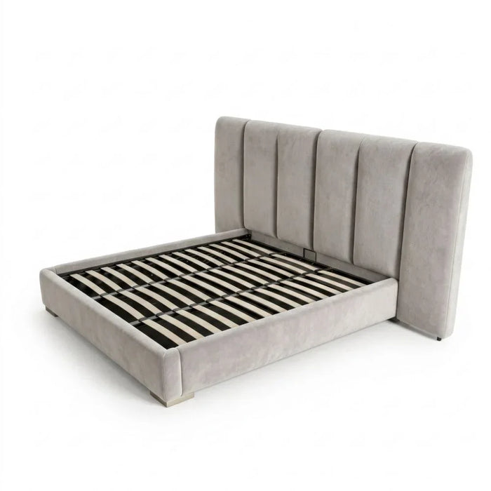 Braxton 180X200 Upholstered King Bed With Hydraulic Storage & Foldable Headboard | Modern Design Double Bed Frame (Mattress Not Included) L290xW221xH140cm - L.Brown/Brushed Bronze Metal