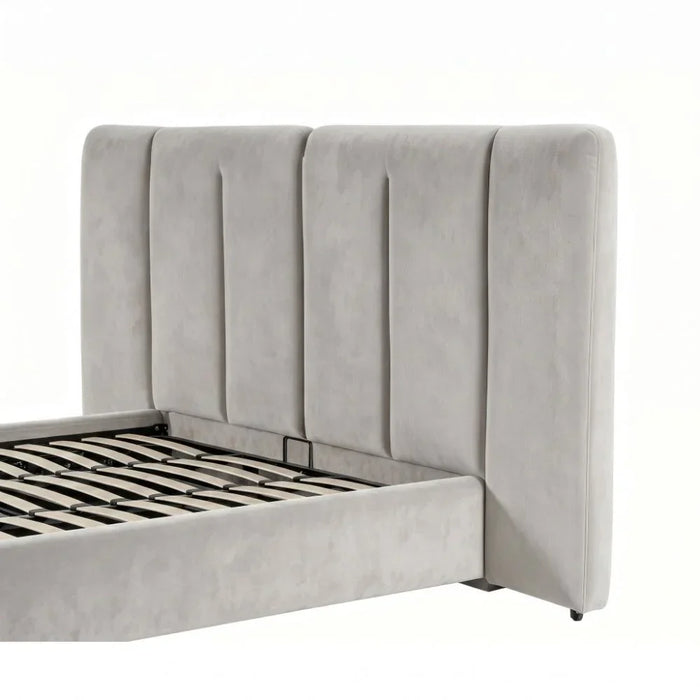 Braxton 180X200 Upholstered King Bed With Hydraulic Storage & Foldable Headboard | Modern Design Double Bed Frame (Mattress Not Included) L290xW221xH140cm - L.Brown/Brushed Bronze Metal