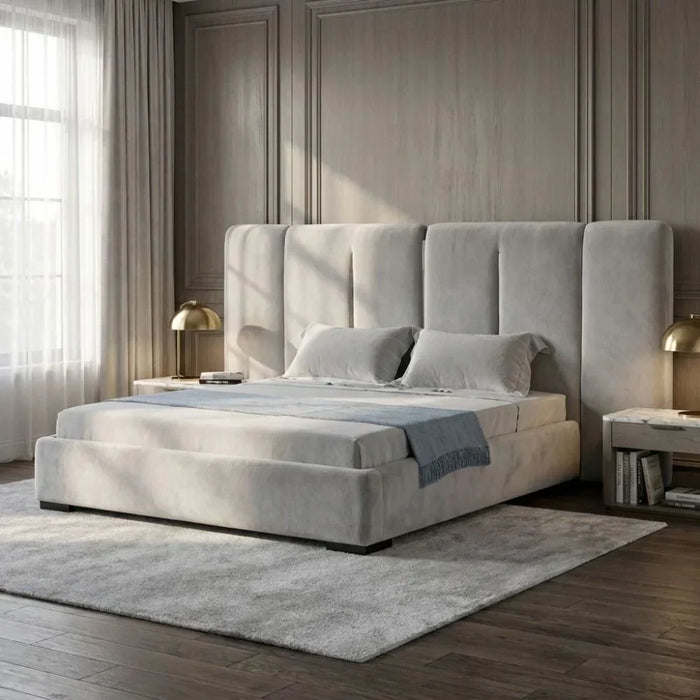 Braxton 180X200 Upholstered King Bed With Hydraulic Storage & Foldable Headboard | Modern Design Double Bed Frame (Mattress Not Included) L290xW221xH140cm - L.Grey/Charcoal Black Metal