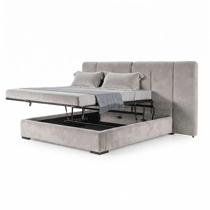 Braxton 180X200 Upholstered King Bed With Hydraulic Storage & Foldable Headboard | Modern Design Double Bed Frame (Mattress Not Included) L290xW221xH140cm - L.Grey/Charcoal Black Metal