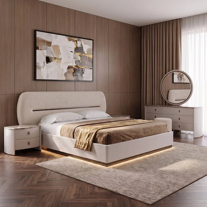 Virgo 200x200 Super King Bedset with LED, 2 Nightstands, 6 Drawer Dresser, Mirror & Stool - Stylish Matt Grey Upholstered Bedroom Set - Engineered Wood - Size: L269xW218.2xH121cm
