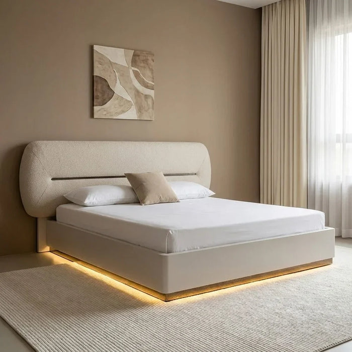 Virgo 200x200 Super King Bedset with LED, 2 Nightstands, 6 Drawer Dresser, Mirror & Stool - Stylish Matt Grey Upholstered Bedroom Set - Engineered Wood - Size: L269xW218.2xH121cm