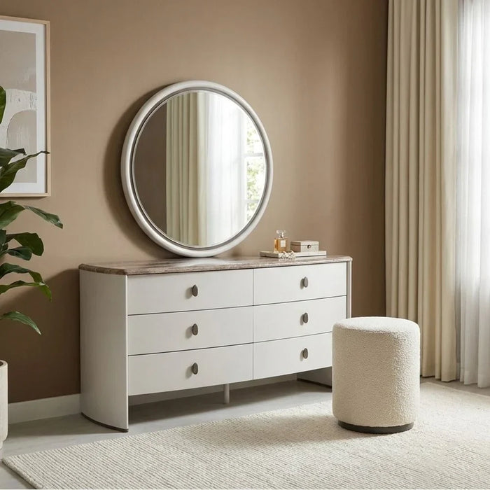 Virgo 200x200 Super King Bedset with LED, 2 Nightstands, 6 Drawer Dresser, Mirror & Stool - Stylish Matt Grey Upholstered Bedroom Set - Engineered Wood - Size: L269xW218.2xH121cm