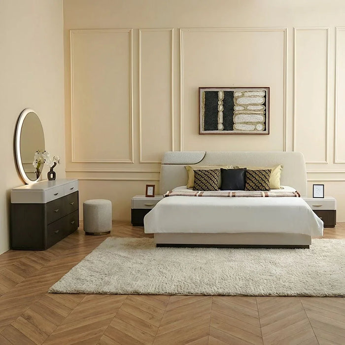 DaVita 200x200  Super King Upholstered Bedset With 2 Night Stand and 6 Drawer Dresser with Mirror & Stool | Comfortable Bedset | Sturdy Modern Design Wooden Bedroom Set - Beige/Brown