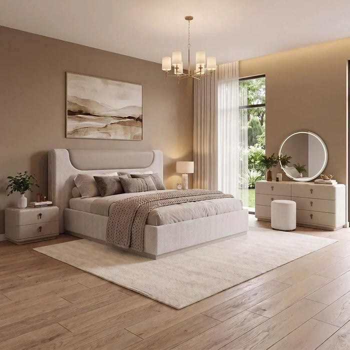Zelina 200X200 Upholsterd Super King Bed Set With 2 Night Stand and Dresser & Mirror With LED+Stool| Comfortable Bedset | Sturdy Modern Design Bedroom Set - Beige