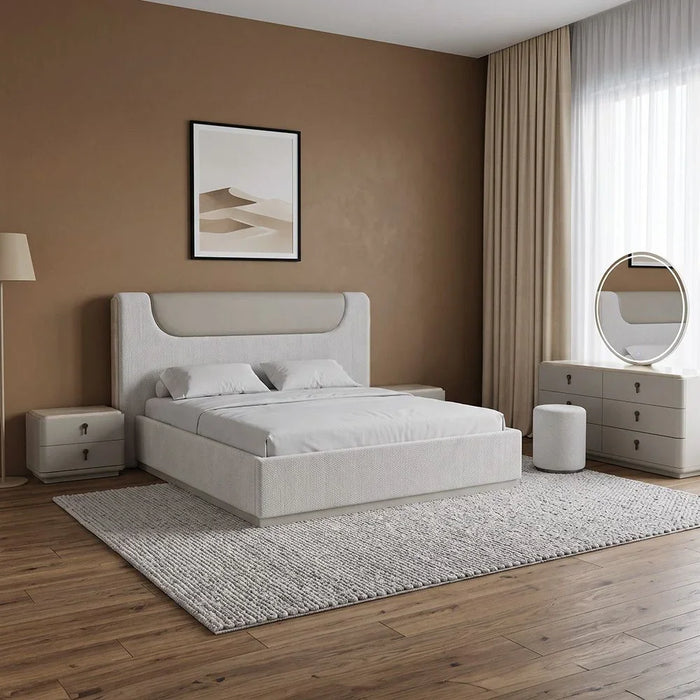 Zelina 200X200 Upholsterd Super King Bed Set With 2 Night Stand and Dresser & Mirror With LED+Stool| Comfortable Bedset | Sturdy Modern Design Bedroom Set - Beige