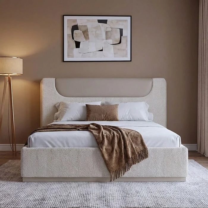 Zelina 200X200 Upholsterd Super King Bed Set With 2 Night Stand and Dresser & Mirror With LED+Stool| Comfortable Bedset | Sturdy Modern Design Bedroom Set - Beige