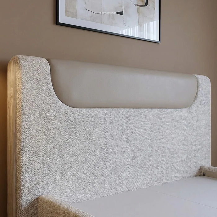 Zelina 200X200 Upholsterd Super King Bed Set With 2 Night Stand and Dresser & Mirror With LED+Stool| Comfortable Bedset | Sturdy Modern Design Bedroom Set - Beige