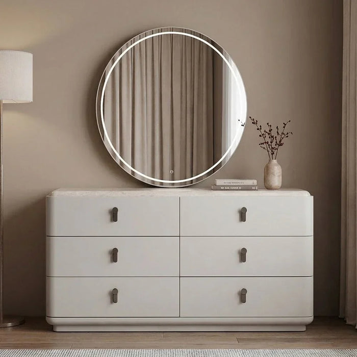 Zelina 200X200 Upholsterd Super King Bed Set With 2 Night Stand and Dresser & Mirror With LED+Stool| Comfortable Bedset | Sturdy Modern Design Bedroom Set - Beige