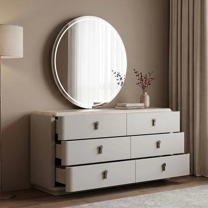 Zelina 200X200 Upholsterd Super King Bed Set With 2 Night Stand and Dresser & Mirror With LED+Stool| Comfortable Bedset | Sturdy Modern Design Bedroom Set - Beige