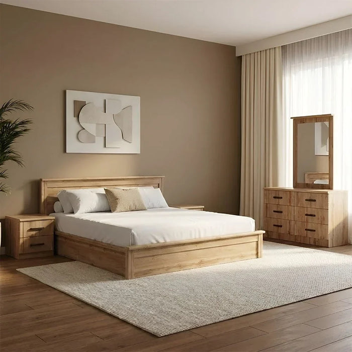 Raymond 180X200 Hydraulic King Bed+2Nightstands+Dresser/Mirror| Comfortable Bedset | Sturdy Modern Design Wooden Bedroom Set - Canada Oak