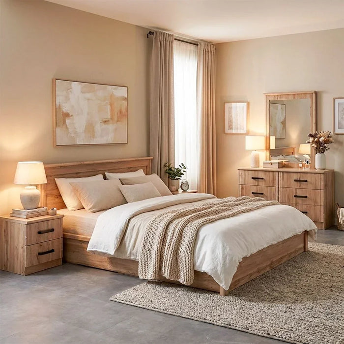 Raymond 180X200 Hydraulic King Bed+2Nightstands+Dresser/Mirror| Comfortable Bedset | Sturdy Modern Design Wooden Bedroom Set - Canada Oak