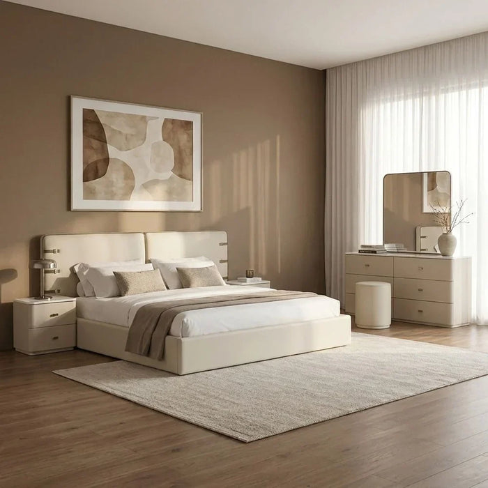 Marena 200x200 Upholstered Super King Bedset With 2 Night Stand and 6 Drawer Dresser with Mirror & Stool | Comfortable Bed Set | Sturdy Modern Design Bedroom Set - Light Beige/Olive