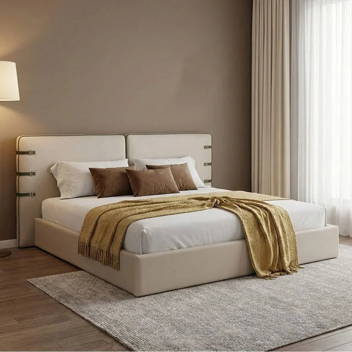 Marena 200x200 Upholstered Super King Bedset With 2 Night Stand and 6 Drawer Dresser with Mirror & Stool | Comfortable Bed Set | Sturdy Modern Design Bedroom Set - Light Beige/Olive