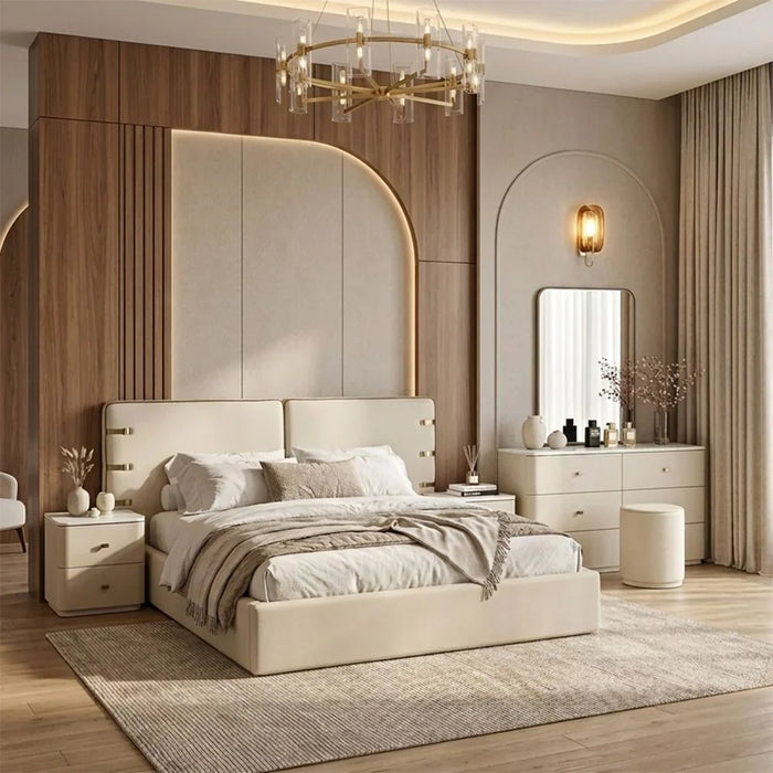 Marena 200x200 Upholstered Super King Bedset With 2 Night Stand and 6 Drawer Dresser with Mirror & Stool | Comfortable Bed Set | Sturdy Modern Design Bedroom Set - Light Beige/Olive