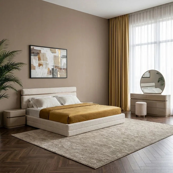 Revora 200x200 Upholstered Super King Bedset With 2 Night Stand and 6 drawer Dresser with Mirror & Stool | Comfortable Bed Set | Sturdy Modern Design Bedroom Set - Dark Beige/Brass
