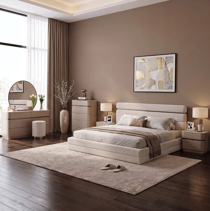 Revora 200x200 Upholstered Super King Bedset With 2 Night Stand and 6 drawer Dresser with Mirror & Stool | Comfortable Bed Set | Sturdy Modern Design Bedroom Set - Dark Beige/Brass