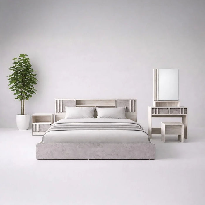 Kentorp 160X200 Queen Bed+1 Nightstand+Dresser/Mirror & Stool| Comfortable Bedset | Sturdy Modern Design Wooden Bedroom Set - Light Oak/Cement