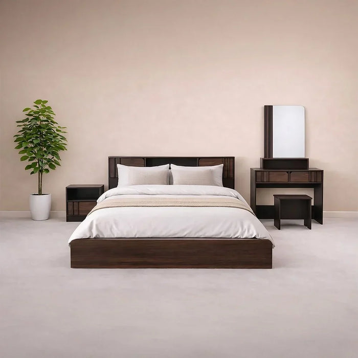 Kentorp 160X200 Queen Bed+1 Nightstand+Dresser/Mirror & Stool| Comfortable Bedset | Sturdy Modern Design Wooden Bedroom Set - Espresso/Columbia