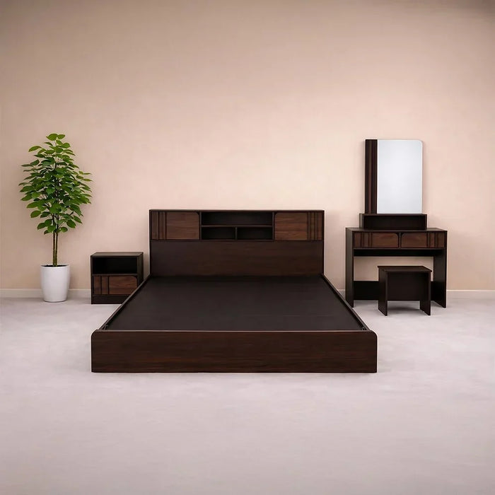 Kentorp 160X200 Queen Bed+1 Nightstand+Dresser/Mirror & Stool| Comfortable Bedset | Sturdy Modern Design Wooden Bedroom Set - Espresso/Columbia
