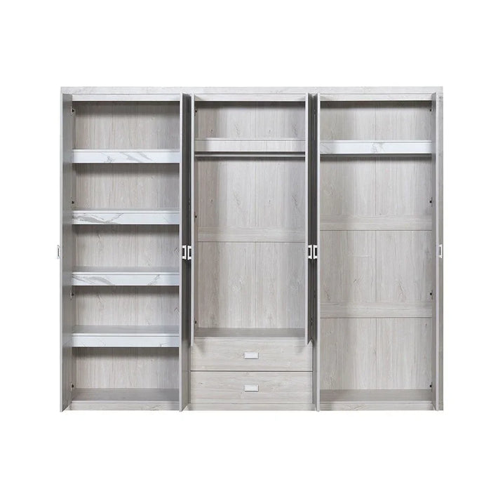 Tisley 6 Door Wardrobe | Extra Sturdy Clothes Storage Cupboard | Modern Space Saving Swing Door Cabinet for Bedroom | Light Oak/White Faux Marble | L235 x W55 x H201.5 cm