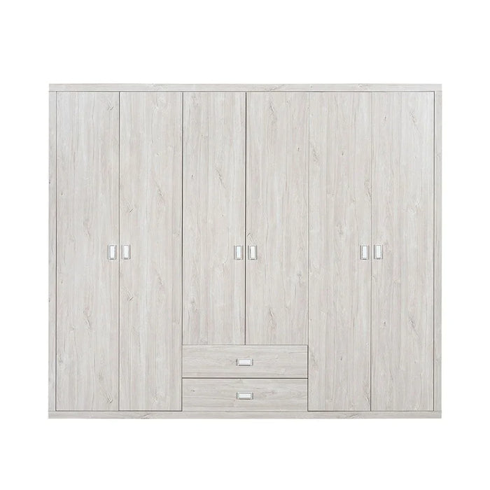 Tisley 6 Door Wardrobe | Extra Sturdy Clothes Storage Cupboard | Modern Space Saving Swing Door Cabinet for Bedroom | Light Oak/White Faux Marble | L235 x W55 x H201.5 cm