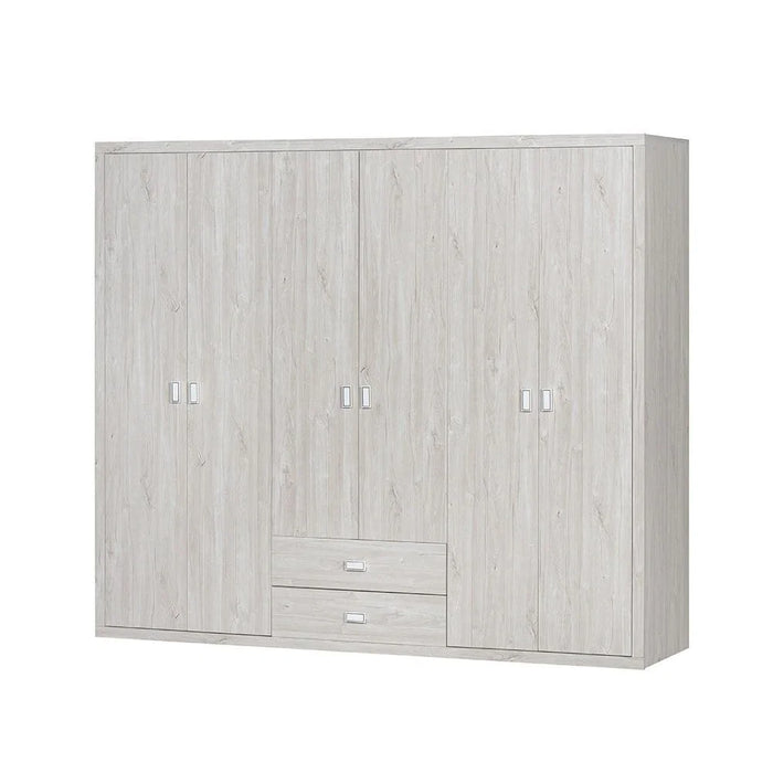 Tisley 6 Door Wardrobe | Extra Sturdy Clothes Storage Cupboard | Modern Space Saving Swing Door Cabinet for Bedroom | Light Oak/White Faux Marble | L235 x W55 x H201.5 cm