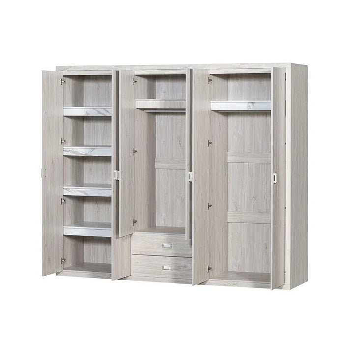 Tisley 6 Door Wardrobe | Extra Sturdy Clothes Storage Cupboard | Modern Space Saving Swing Door Cabinet for Bedroom | Light Oak/White Faux Marble | L235 x W55 x H201.5 cm