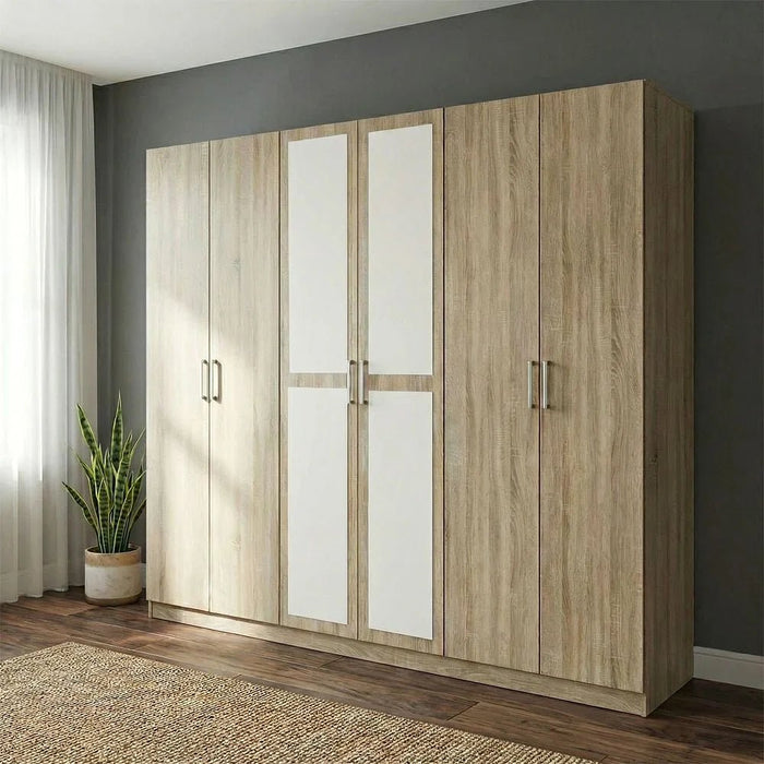 Supreme 6-Door Wardrobe With Mirror For Hanging Clothes Extra Sturdy Rack Storage Organiser Modern Design Space Saving Cabinets For Bedroom - French Sonoma Oak
