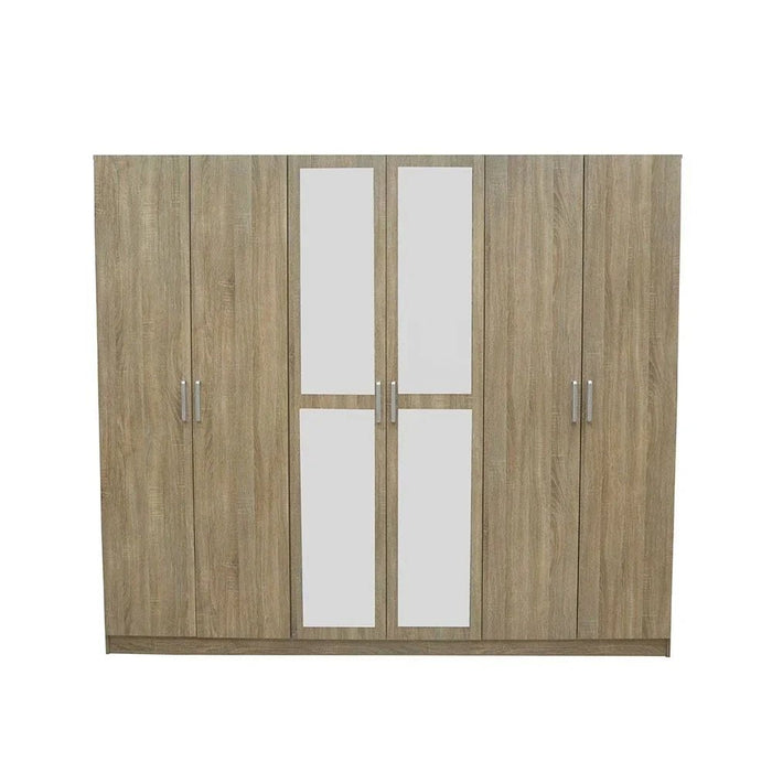 Supreme 6-Door Wardrobe With Mirror For Hanging Clothes Extra Sturdy Rack Storage Organiser Modern Design Space Saving Cabinets For Bedroom - French Sonoma Oak