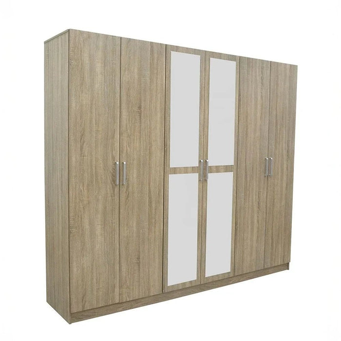 Supreme 6-Door Wardrobe With Mirror For Hanging Clothes Extra Sturdy Rack Storage Organiser Modern Design Space Saving Cabinets For Bedroom - French Sonoma Oak